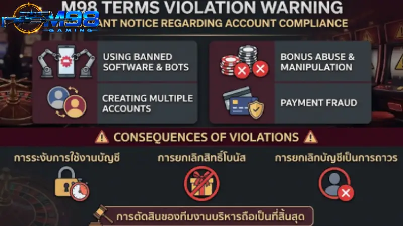 มาตรการและโทษของการละเมิด ข้อตกลงและเงื่อนไข M98